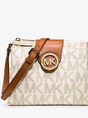 Michael Kors Cream & Tan Crossbody Logo Bag with Tan Leather Strap